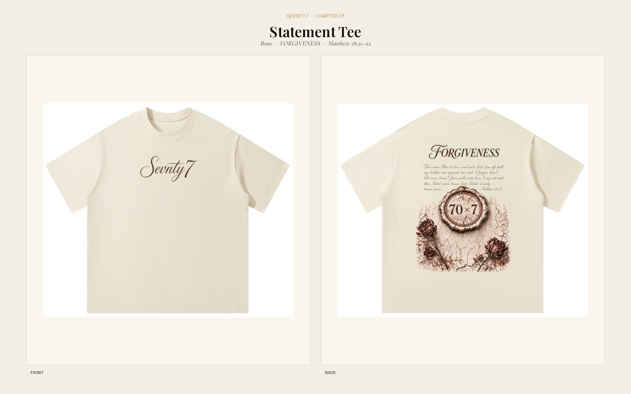 Forgiveness statement tee — front script, back verse and seal